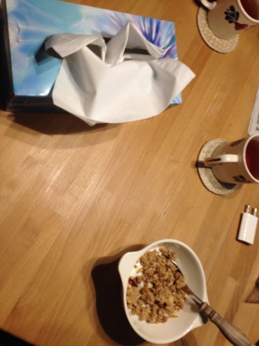 Naast de yoghurt en de thee ook maar een dooe zakdoeken onder handbereik. Om een loopneus vast te houden.