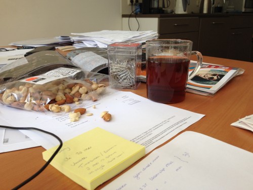 en weer aan de slag, ik volg Anna-Maria's voorbeeld en ga nootjes knagen. 't is druk dus ik drink regelmatig koude thee
