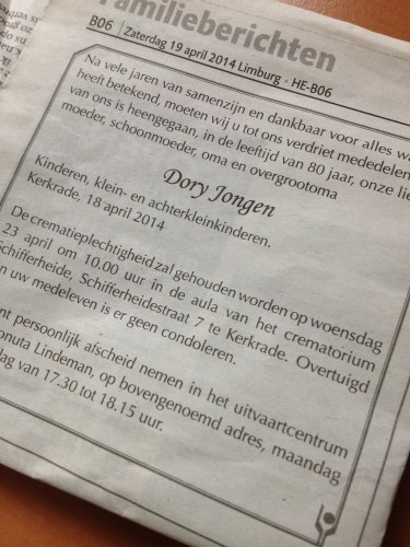 Dag tante Dory, jammer dat je kinderen het niet nodig vonden om je een beter afscheid te geven