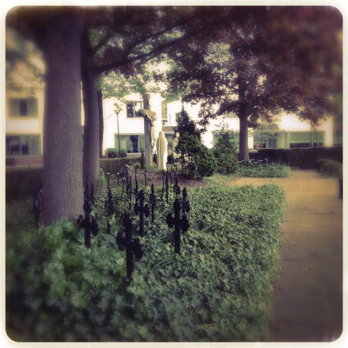 Hier was vroeger de kloostertuin. De bomen en  het oude kerkhof zijn nu het hart van een prachtig stukje Kerkrade