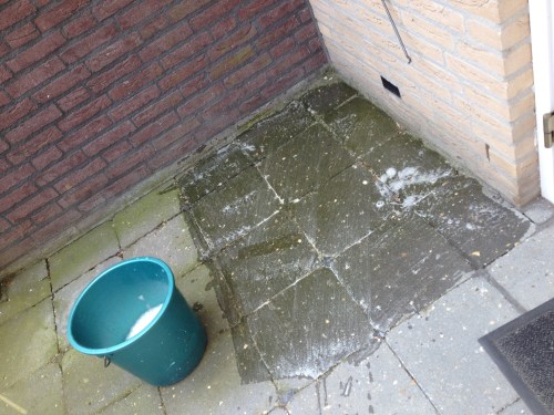 Groene aanslag verwijderen, niet milieuvriendelijk maar wel effectief...water en chloor