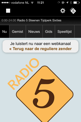 Handig, zo'n radio 5 app op je mobiel. Altijd muziek onder handbereik